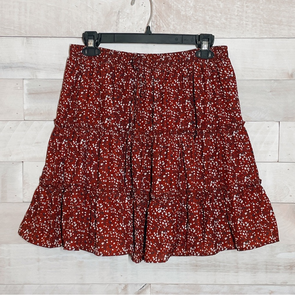 Burgundy Floral Print Mini Ruffle Skirt